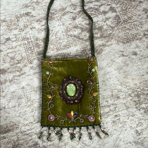 Velvet Pouch with feathers, trimmed in beads  Green Bag